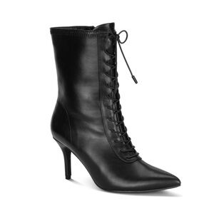 VENUS Black Lace-Up Pointed-Toe Heeled Ankle Booties w/Side Zipper